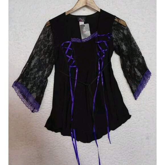Dare To Wear Purple/Black Lace Up Bell Lace Sleeve Gothic Top Women's Size M NEW - Picture 8 of 15